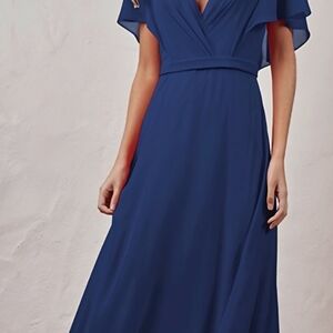 Elegant Navy V-Neck Maxi Dress with Flutter Sleeves